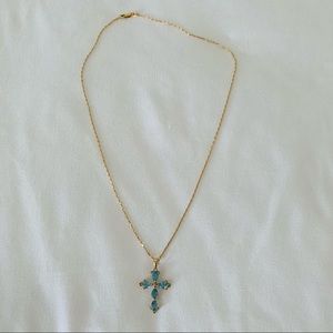 Blue Topaz Diamond 14K Yellow Gold Cross Pendant